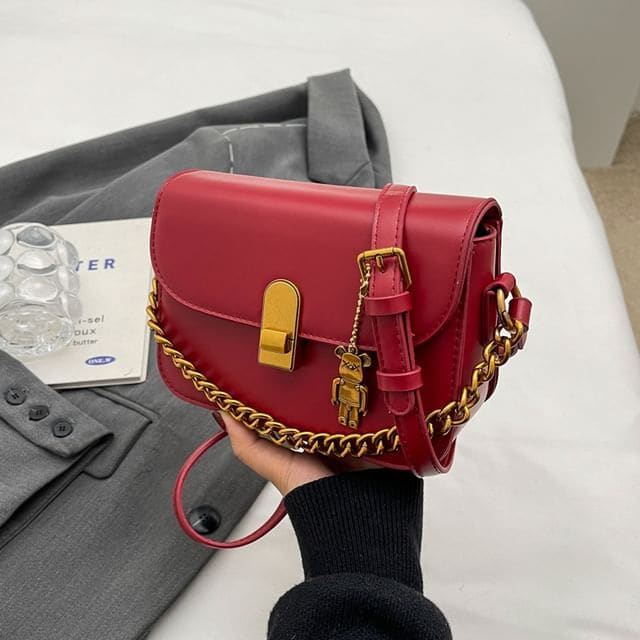 Chained Flap Crossbody Bag - Wine Red / One Size