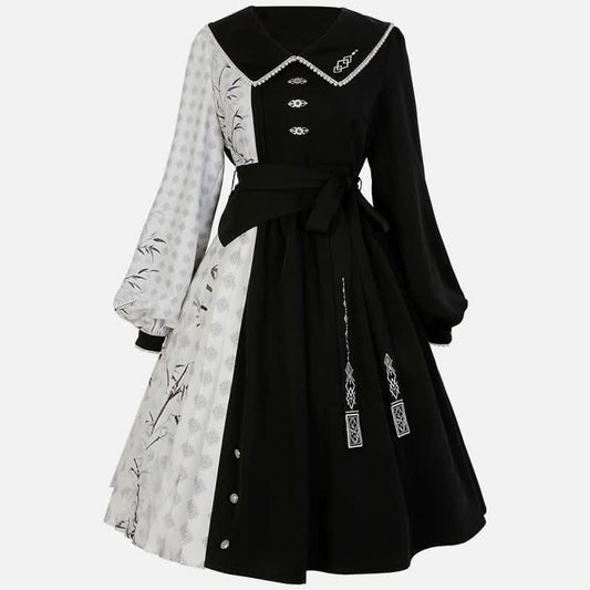 Charming Bamboo Print Lapel Colorblock Dress - Black / S