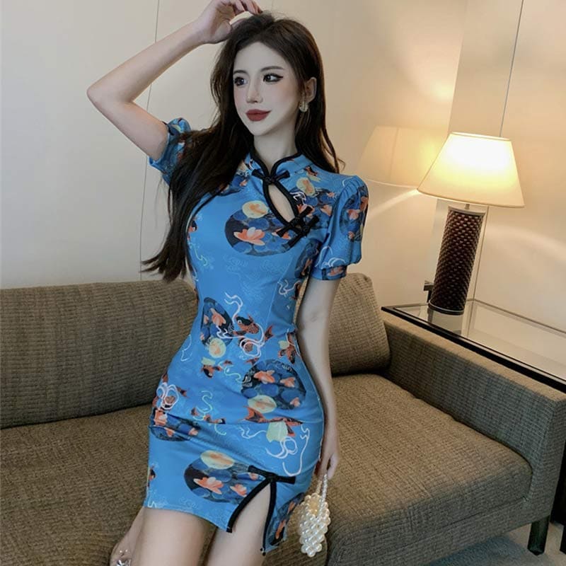 Charming Blue Floral Buckle Split Cheongsam Dress