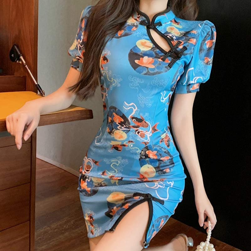 Charming Blue Floral Buckle Split Cheongsam Dress