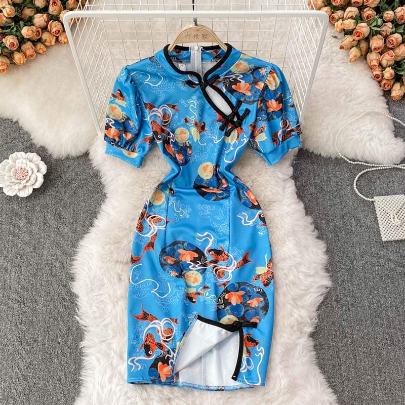 Charming Blue Floral Buckle Split Cheongsam Dress - Blue / S