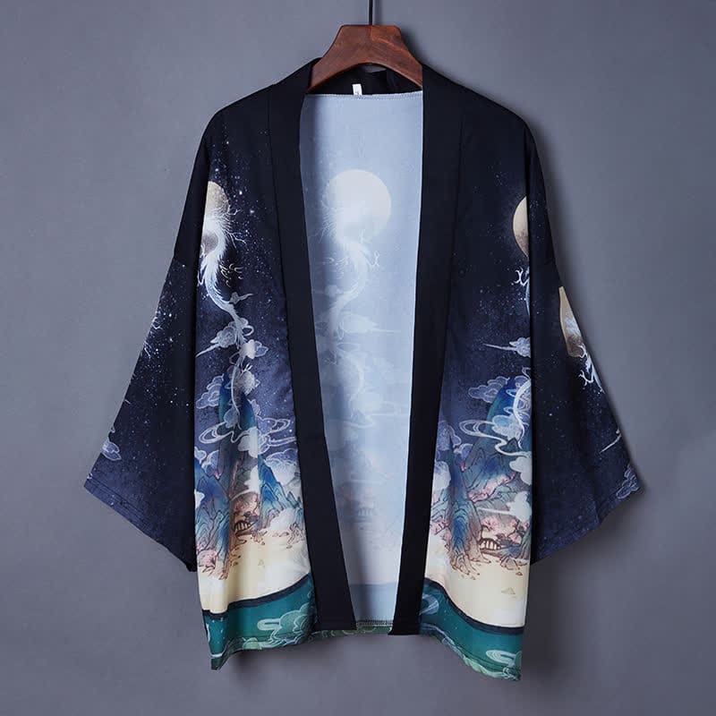 Charming Carp Dragon Print Casual Cardigan Kimono Outerwear