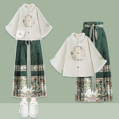 Charming Embroidery Coat High Waist Pleated Skirt