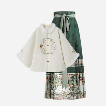 Charming Embroidery Coat High Waist Pleated Skirt - Set / M