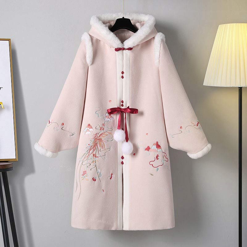 Charming Floral Embroidery Hooded Coat Dress Set - Pink