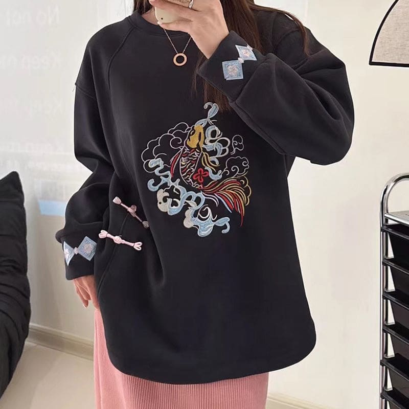 Charming Koi Fish Embroidery Round Collar Sweatshirt - Dark