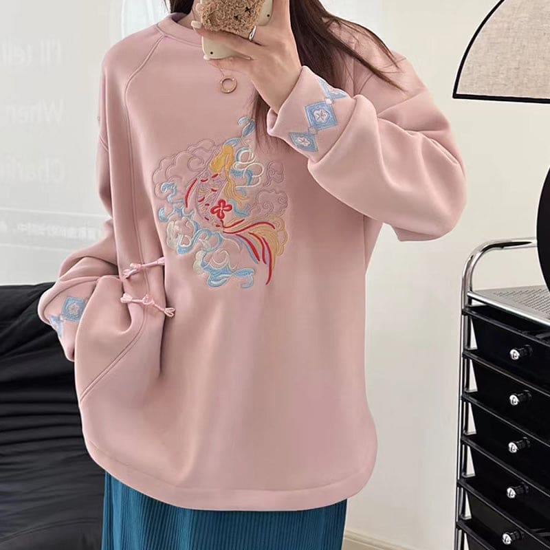 Charming Koi Fish Embroidery Round Collar Sweatshirt - Pink