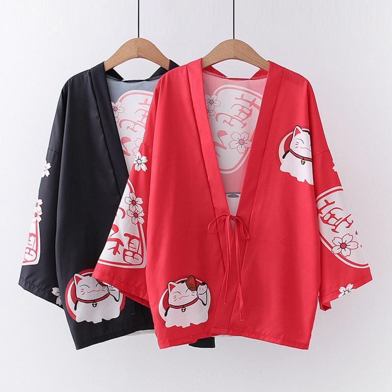 Charming Lucky Cat Sakura Print Loose Outerwear Kimono