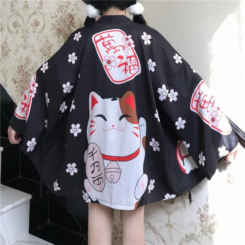 Charming Lucky Cat Sakura Print Loose Outerwear Kimono