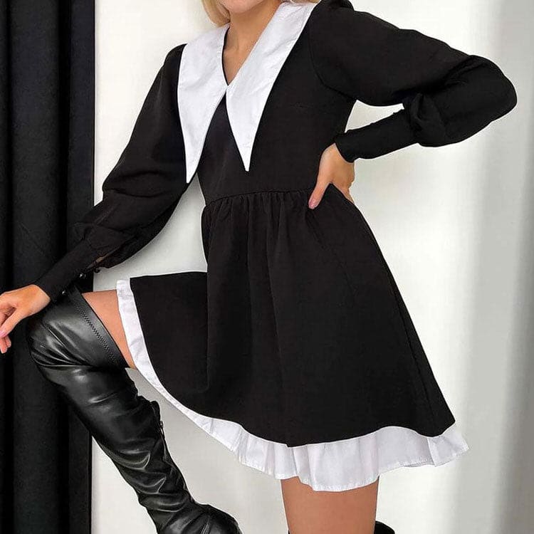 Charming Mini Black Collar Dress - Dresses