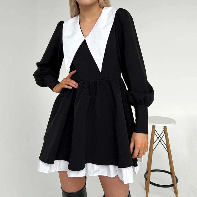 Charming Mini Black Collar Dress - Dresses