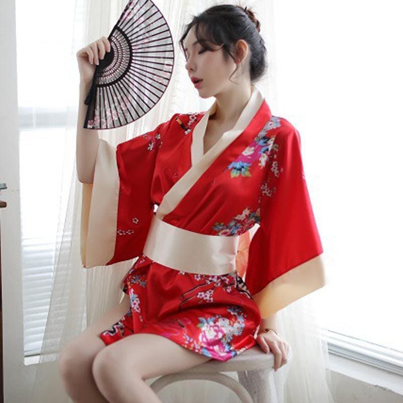 Charming Red Kimono Floral Cosplay Lingerie Dress