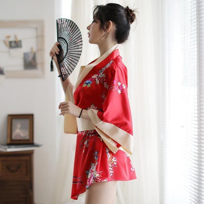 Charming Red Kimono Floral Cosplay Lingerie Dress