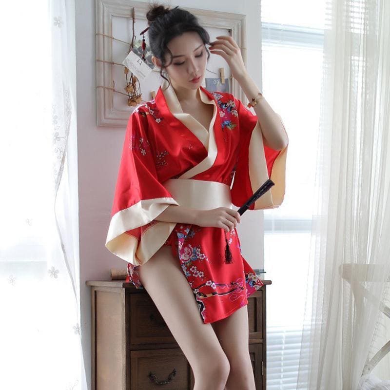 Charming Red Kimono Floral Cosplay Lingerie Dress