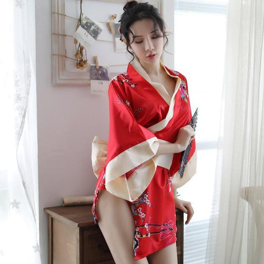 Charming Red Kimono Floral Cosplay Lingerie Dress - Red