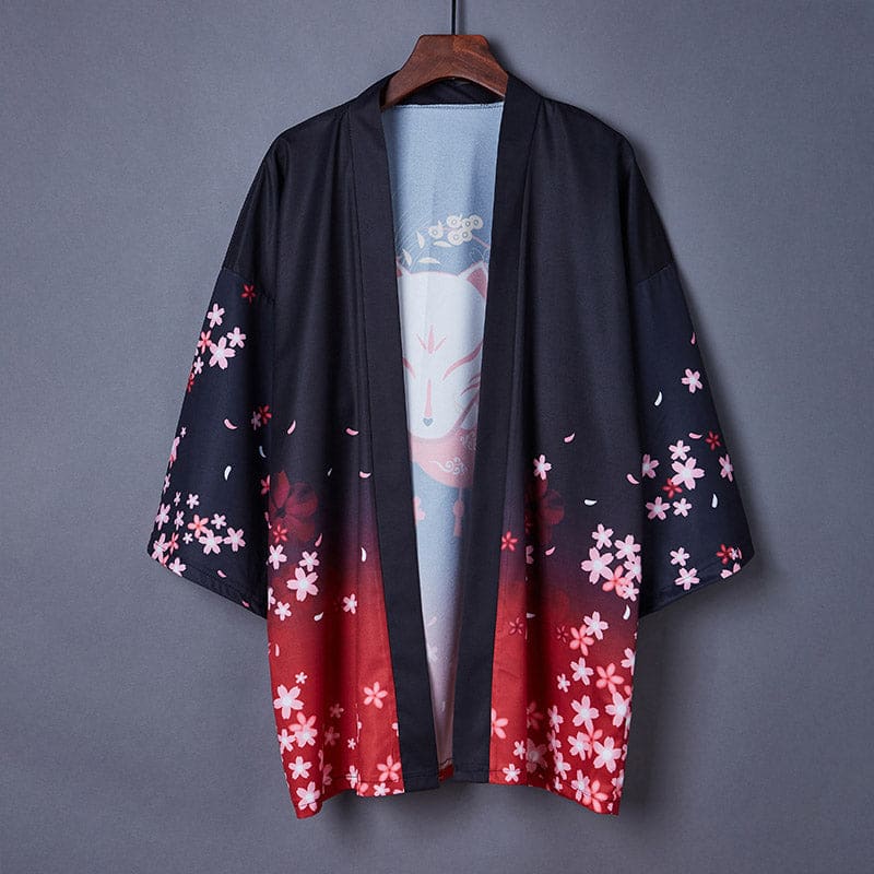 Charming Sakura Fox Print Kimono Outerwear