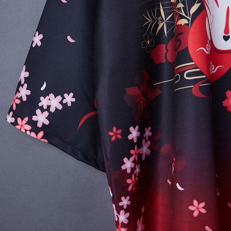 Charming Sakura Fox Print Kimono Outerwear