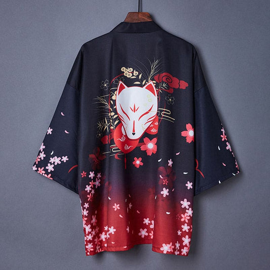 Charming Sakura Fox Print Kimono Outerwear - A / One Size