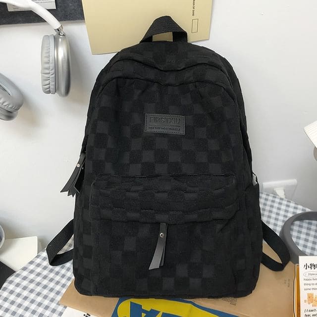 Checked Applique Nylon Backpack - Black - Black / One Size