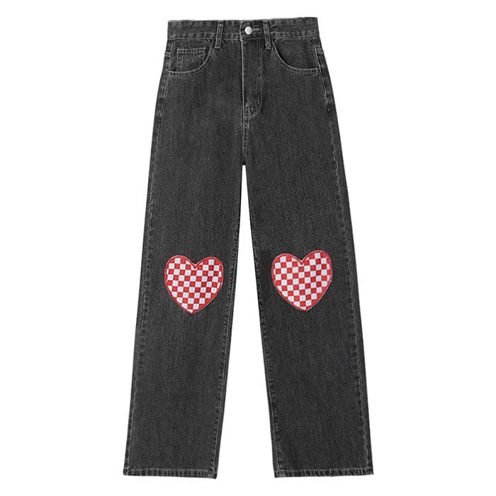 Checker Heart Wide Jeans - Jeans