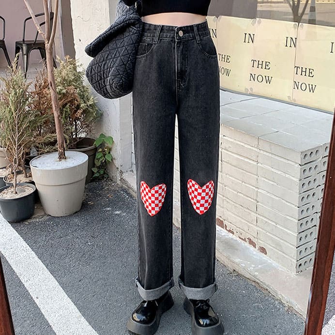 Checker Heart Wide Jeans - Jeans