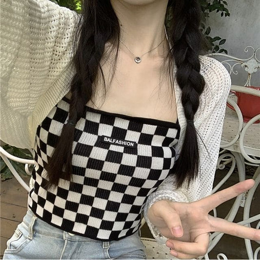 Checkerboard Knit Crop Camisole Top / Plain Pointelle Knit