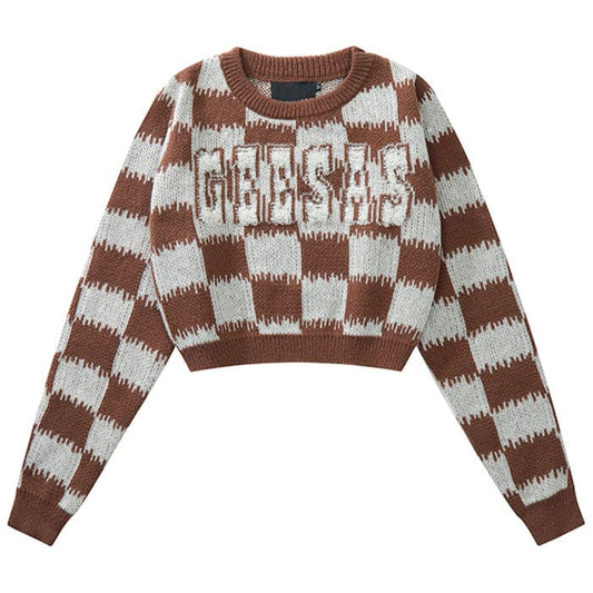 Checkered Fuzzy Crop Sweater - Sweater