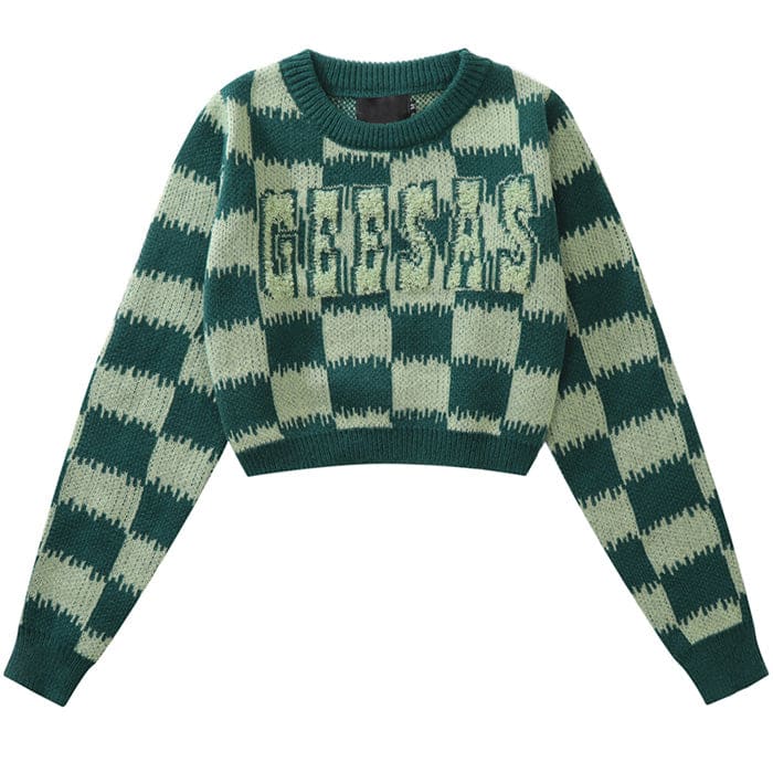 Checkered Fuzzy Crop Sweater - Sweater