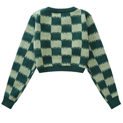 Checkered Fuzzy Crop Sweater - Sweater