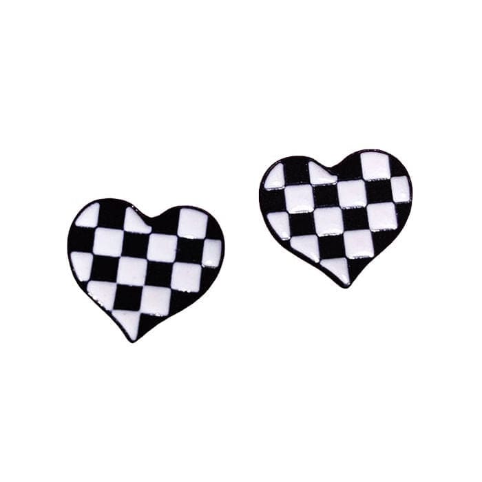 Checkered Heart Earrings - Standart / Black/white - earrings