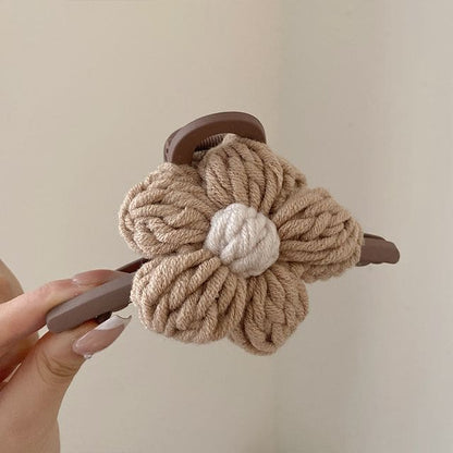 Chenille Flower Accent Hair Clamp - 2 - Khaki / One Size