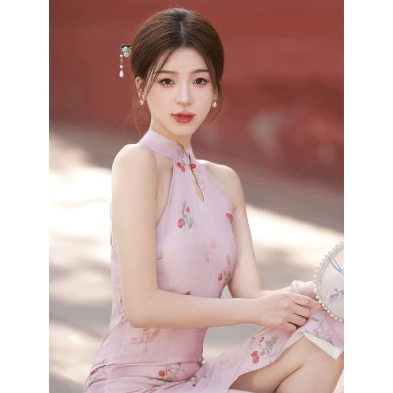 Cherry Berries Pink Cheongsam Dress - Female Hanfu