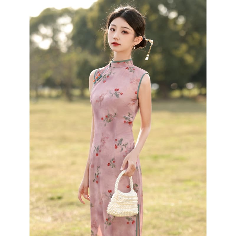 Cherry Blossom Sleeveless Long Cheongsam - Female Hanfu