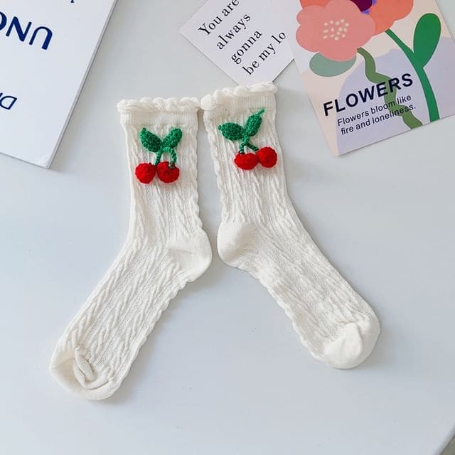 Cherry Crochet Short Socks - Beige / One Size