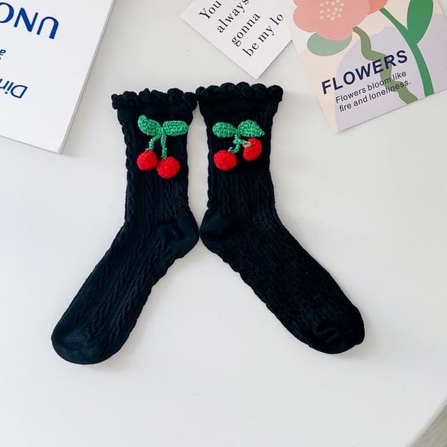 Cherry Crochet Short Socks - Black / One Size