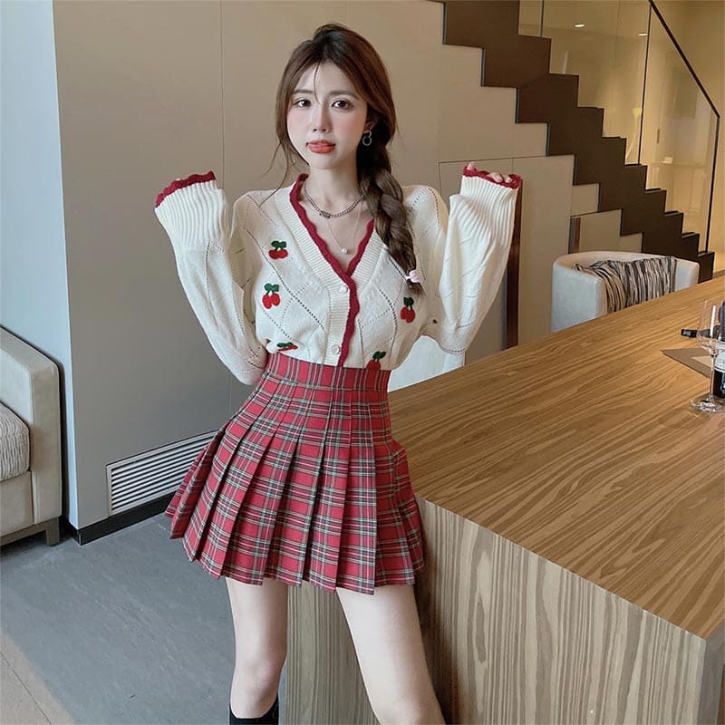 Cherry Embroidery Sweater Plaid Skirt Set