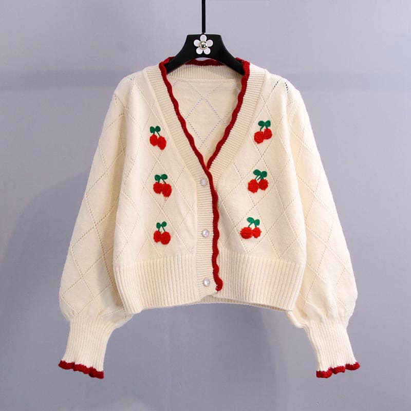 Cherry Embroidery Sweater Plaid Skirt Set - Apricot Sweater