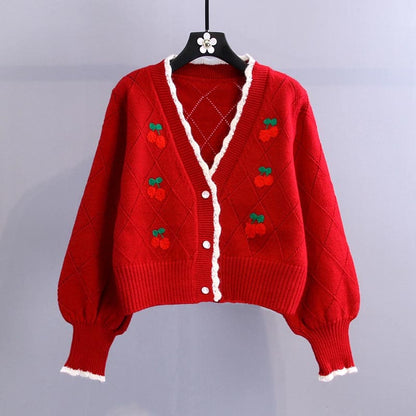 Cherry Embroidery Sweater Plaid Skirt Set - Red Sweater