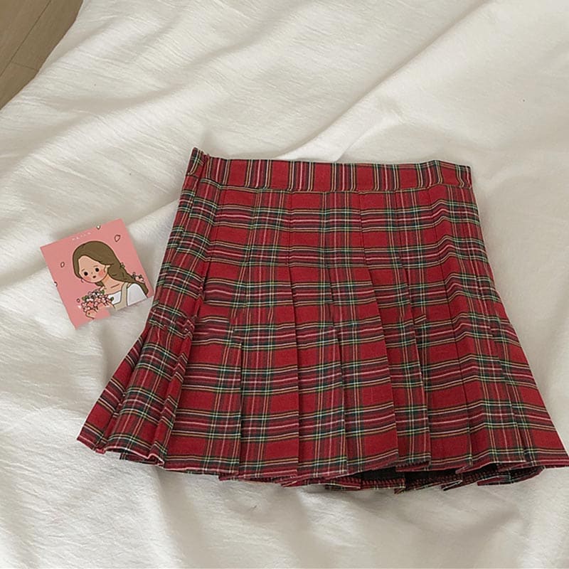 Cherry Embroidery Sweater Plaid Skirt Set - Skirt / S