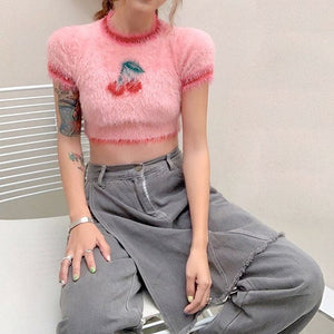 Cherry Fuzzy Crop Top - Free Size / Pink - Tops