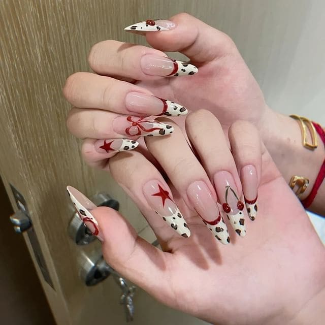 Cherry Leopard Print Press On Nail - E327 - Red & White