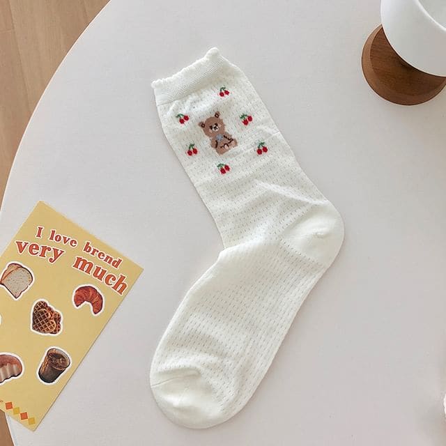 Cherry Print Socks - Bear - White / One Size