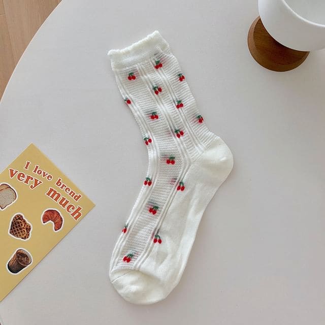 Cherry Print Socks - Cherry - White / One Size