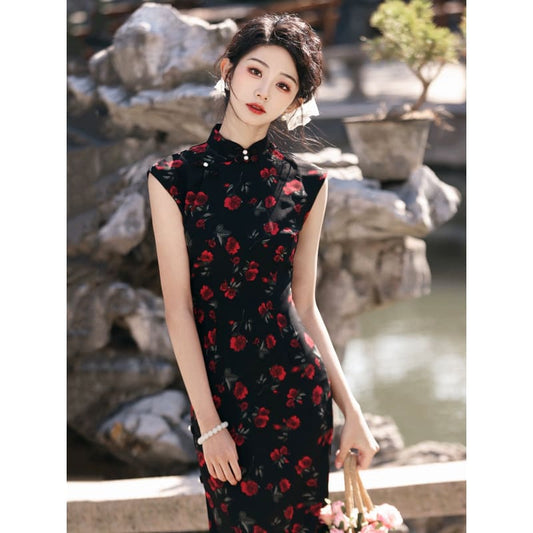 Cherry Roses Elegance Cheongsam - S - Female Hanfu