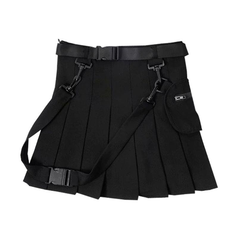 Chic Black Pocket Belted A-line Pleated Skirt - Black / S