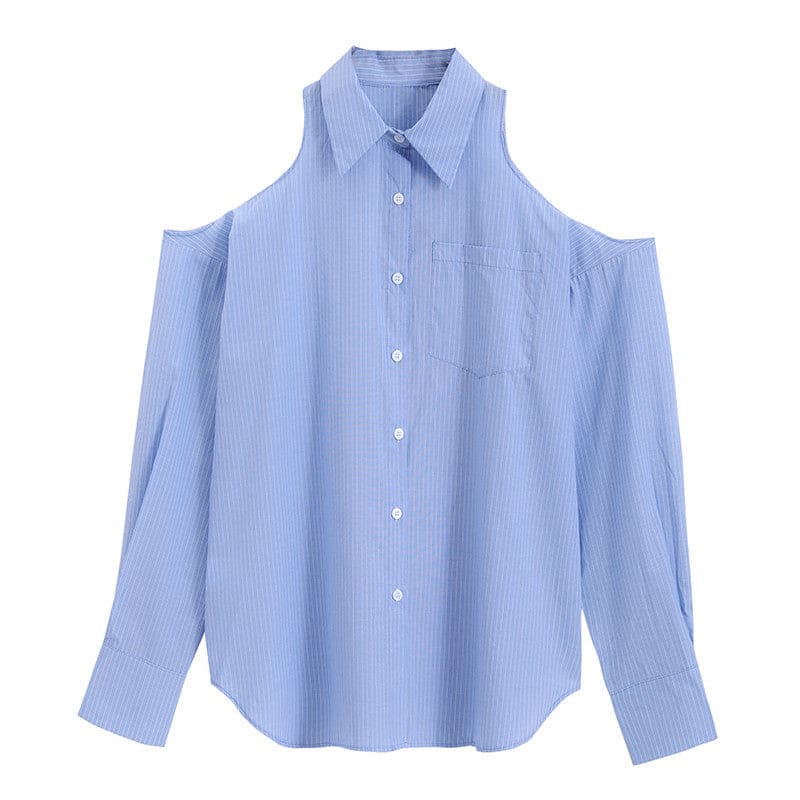 Chic Blue Striped Hollow Out Lapel Shirt - Blue / S