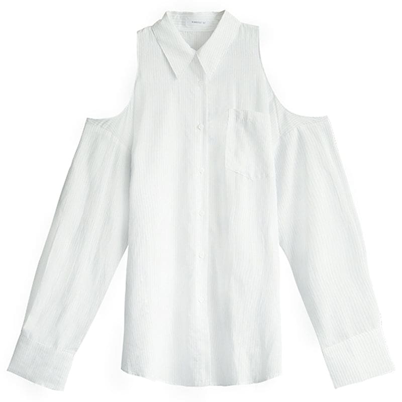 Chic Blue Striped Hollow Out Lapel Shirt - White / S