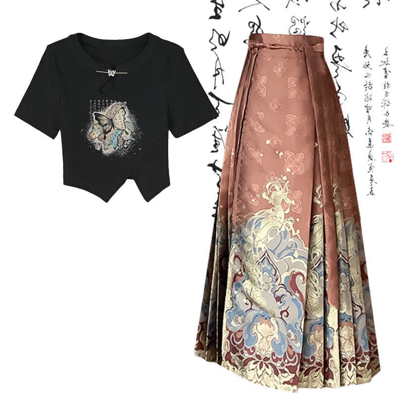 Chic Butterfly Print T-Shirt High Waist Pleated Skirt