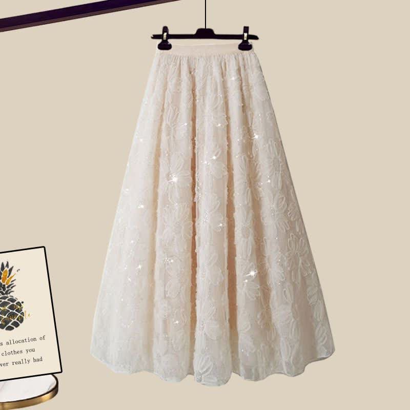 Chic Cable Knit Sweater Flower Pattern Tulle Skirt