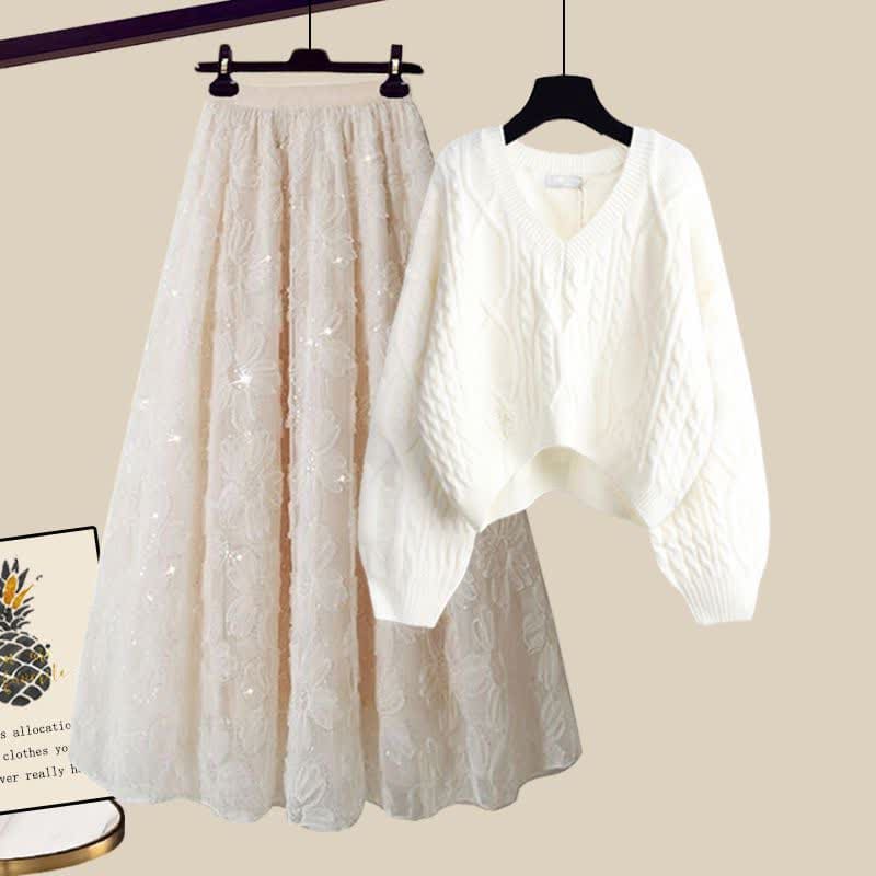 Chic Cable Knit Sweater Flower Pattern Tulle Skirt - Set B